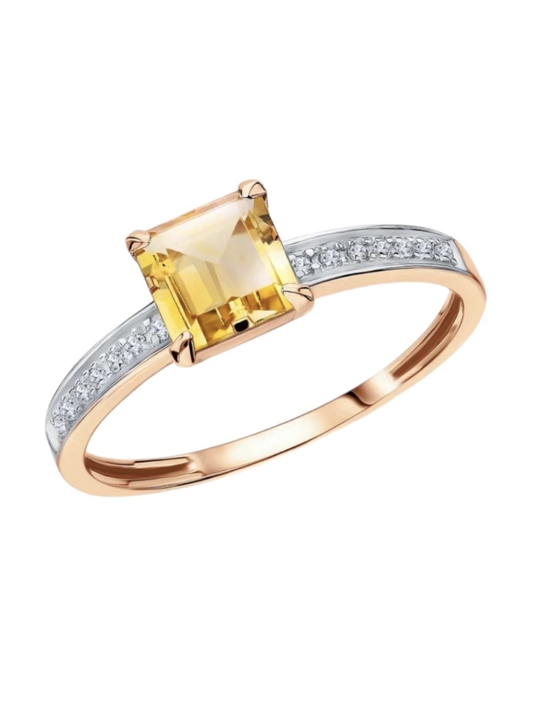 Кольцо с Желтым Цитрином в ограке в квадратной огранке и Бриллиантами
