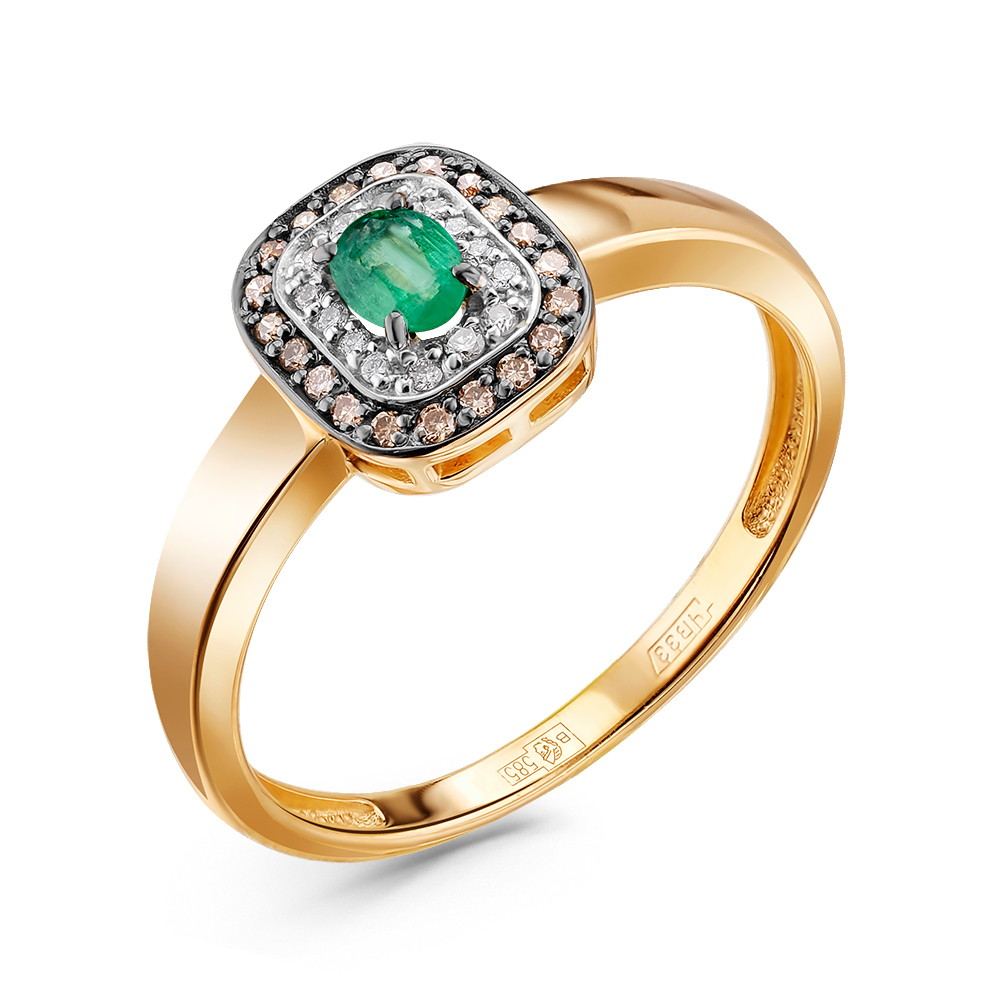 Кольцо с Изумрудом с Бесцветными и Коньячными Бриллиантами 